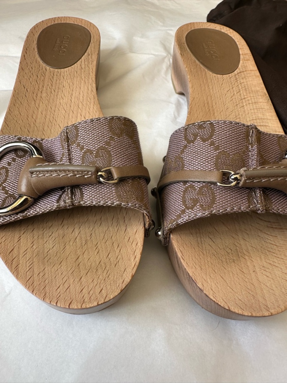 Gucci Taupe Monogram Canvas Horsebit Wooden Slide Mules - Picture 2 of 9